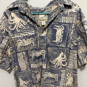 Blue and White Casual Button Down Shirt with Tropical Design